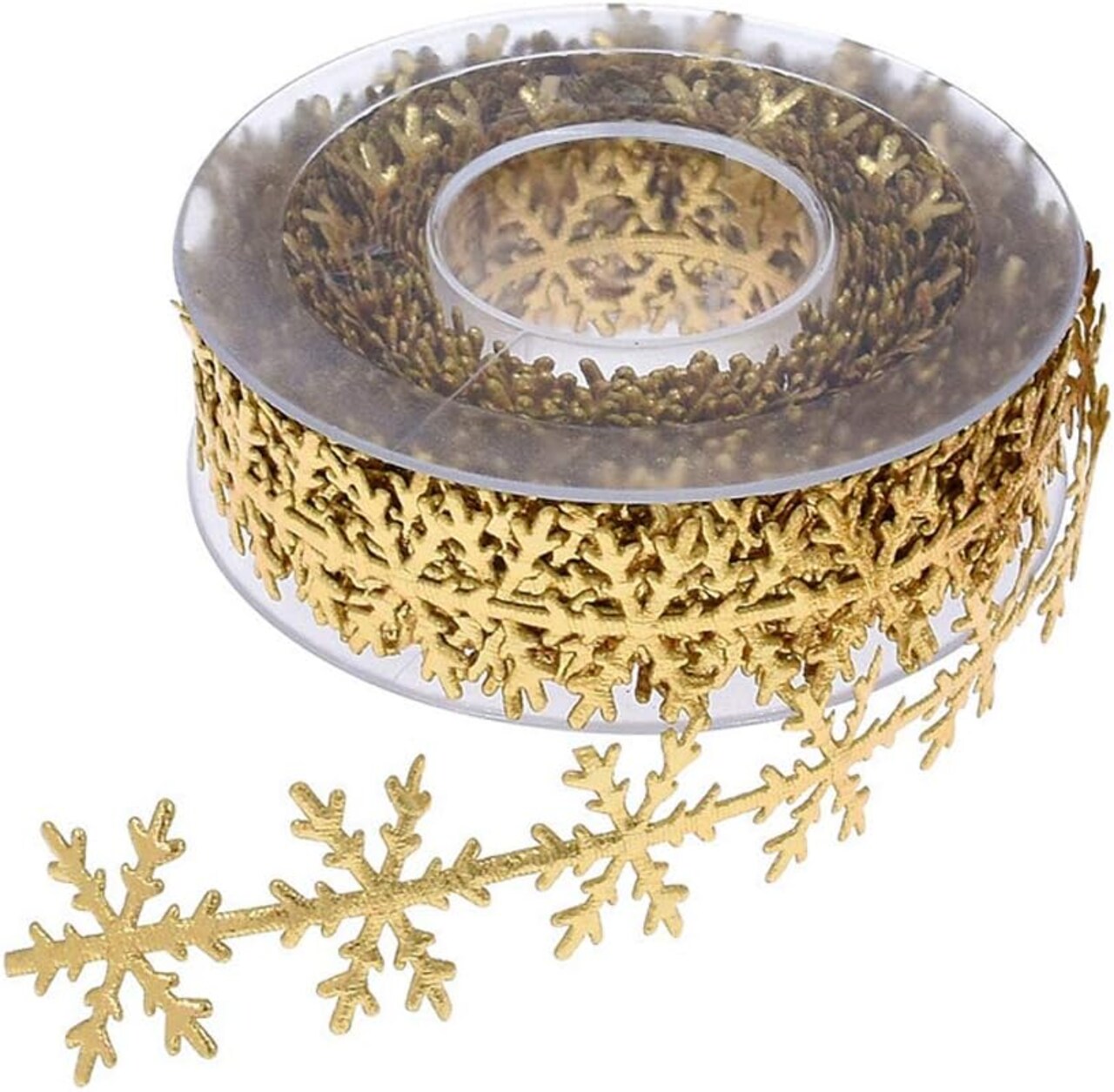 A Roll of 0.98 Inch X 10 Meters Gold Glitter Snowflake Ribbon Lace Christmas Snowflake Leaves Ribbon Sequins Trim for Christmas Celebration Wedding Birthday Party Festive Event Decoration